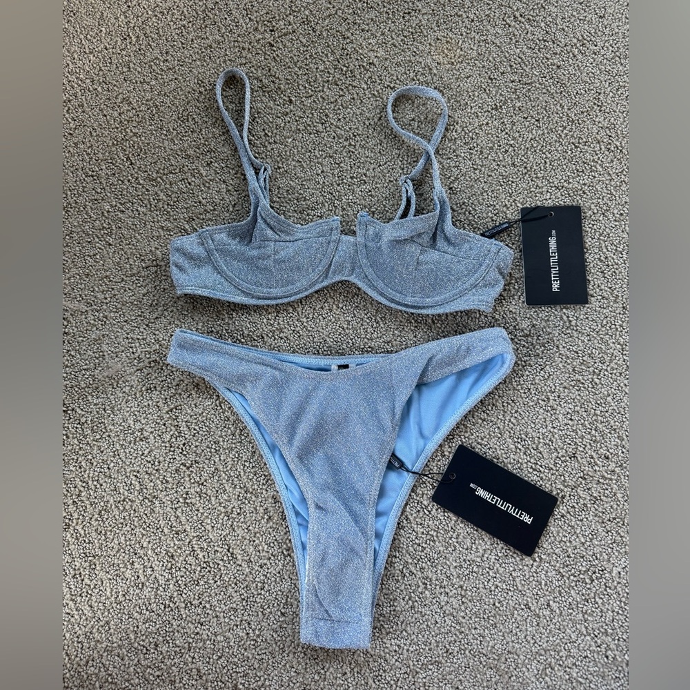 PrettyLittleThing Glittery Blue Bikini Top